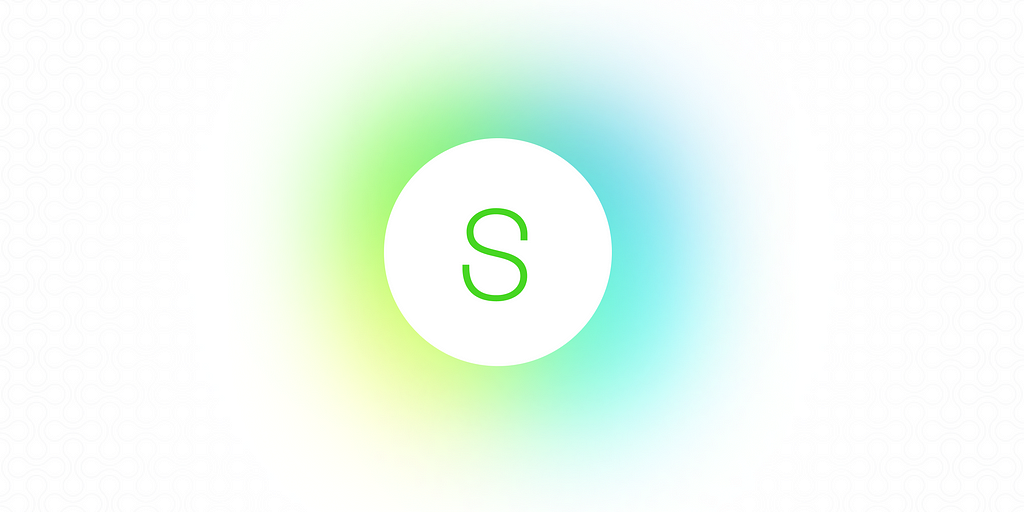 White circle with an S inside it over a green gradient