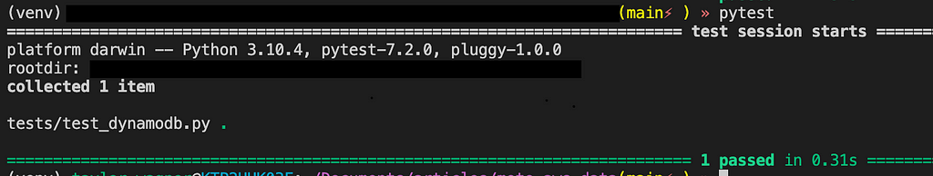 Execute pytest command for testing the creation of the table, 1 passing test