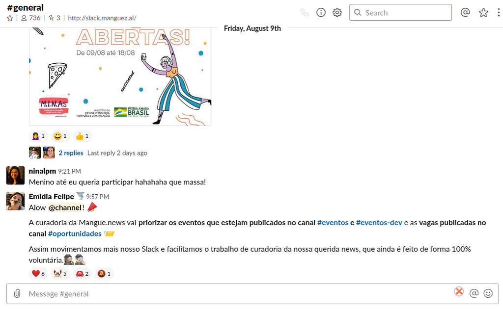 Captura de tela do canal #general do Slack da Manguezal