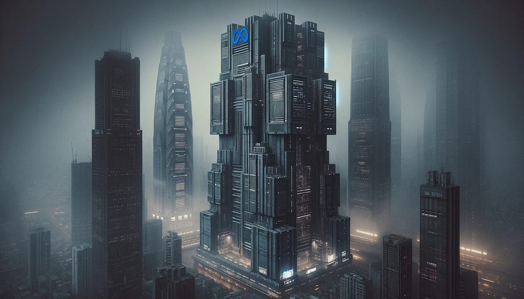 Cinematic rendition of a giant skyscraper with the Meta logo on it