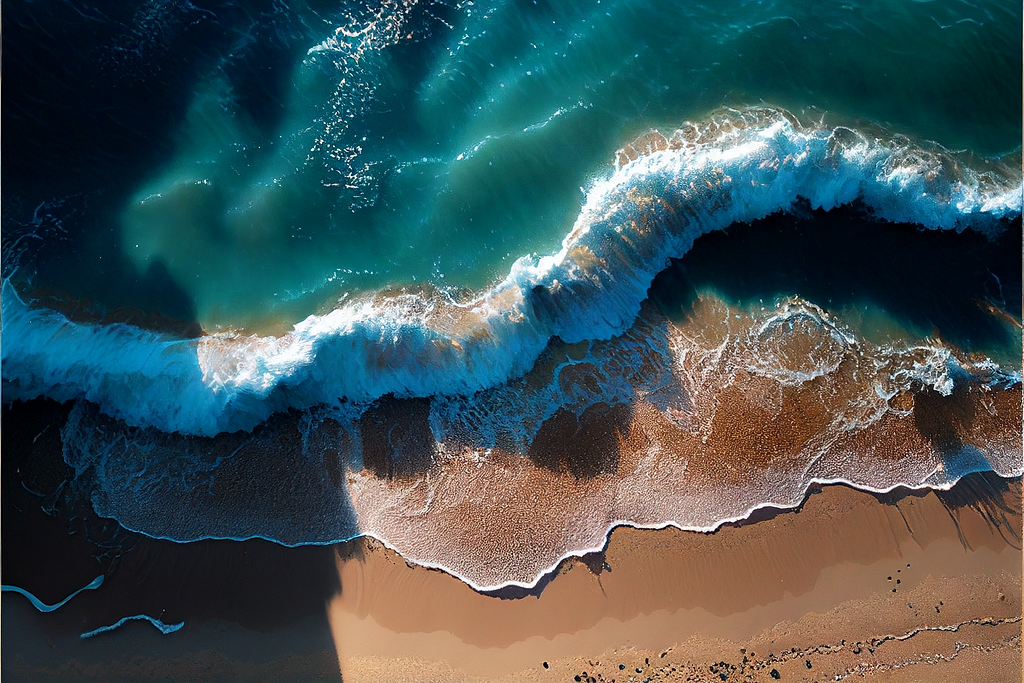 Imagem de ondas na praia tirada por um drone criada no midjourney