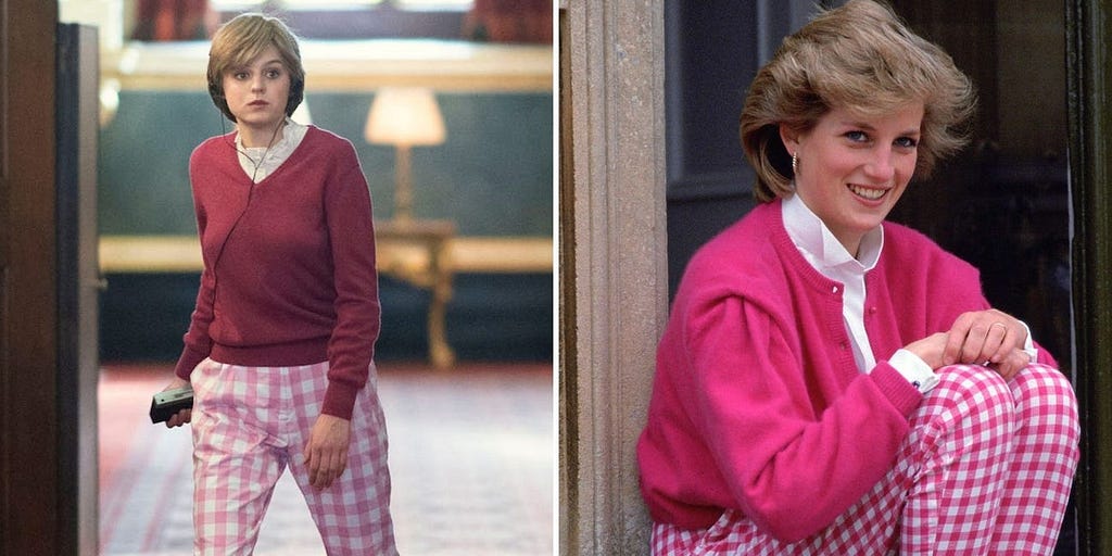 Emma Corrin as Princess Diana in “The Crown” season four; Princess Diana sitting on the steps of Highgrove House.