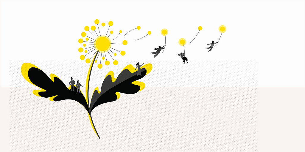 An illustration of a dandelion with people climbing and hanging on to the pollen