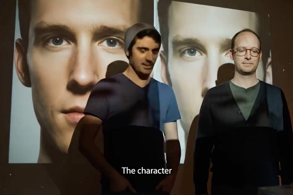 A still from a short film called It’s not just a prompt where two creatives stand in front of a projected image on the wall behind them — made with AI