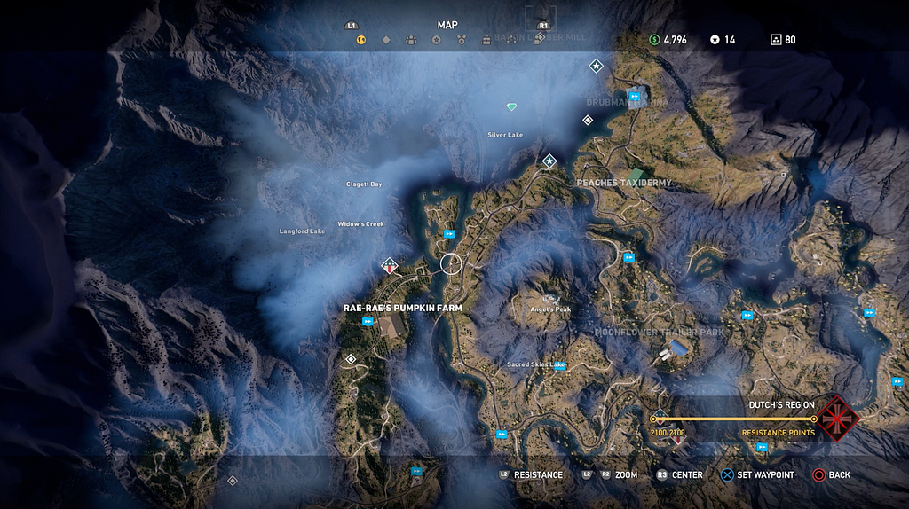 An example map from Far Cry showing the fog of war