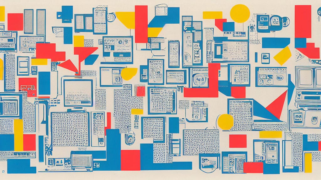 1980s-style repeating graphic of colourful computers