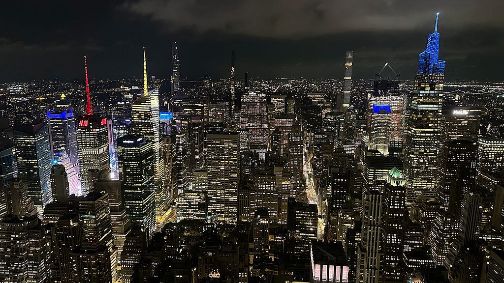 A view of New York City as seen facing north from the Empire State Building’s 86th-floor observatory at night.