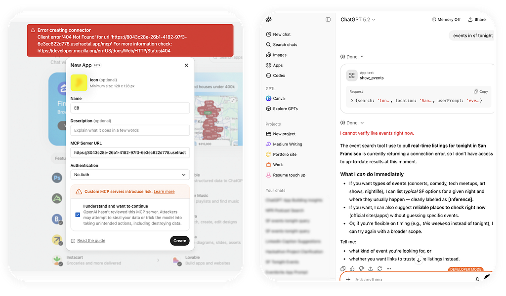 Split screen showing an error message while creating a custom connector on the left, and a ChatGPT conversation on the right explaining that live event data cannot be verified.