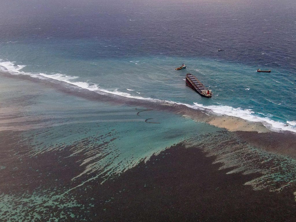 An aerial shot of the oil spill in Mauritius.