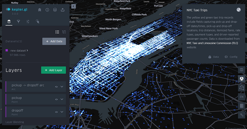 New York City Cab Rides. A sample of taxi trip records in the city. ©Map by Kepler.gl