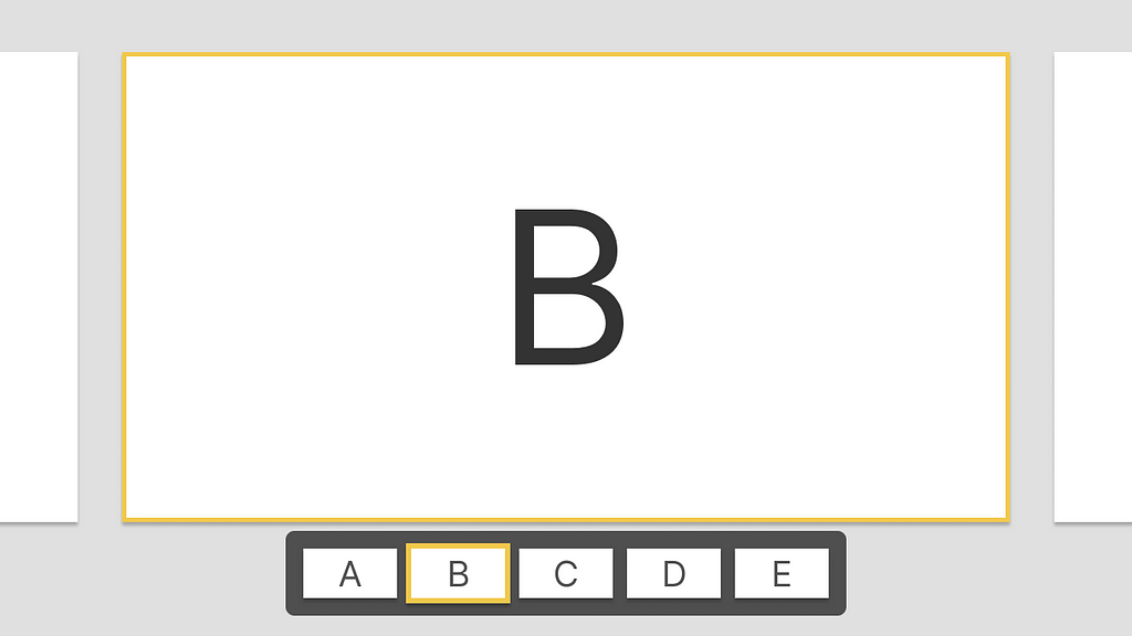 A wireframe depicting a series of slides. Slide “B” is the current slide. Slides “A” and “C” are partially visible to the right and left hand sides of the image respectively. A mini-map of the entire interface, showing all slides from A to E is located at the bottom of the image.