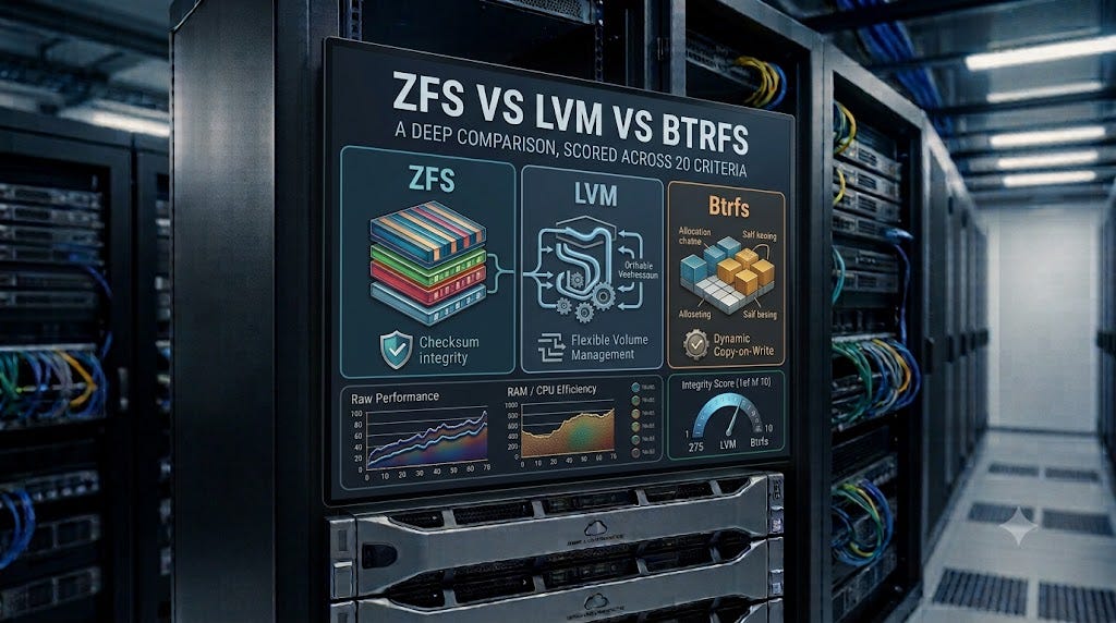 ZFS vs LVM vs Btrfs: a deep comparison, scored across 20 criteria