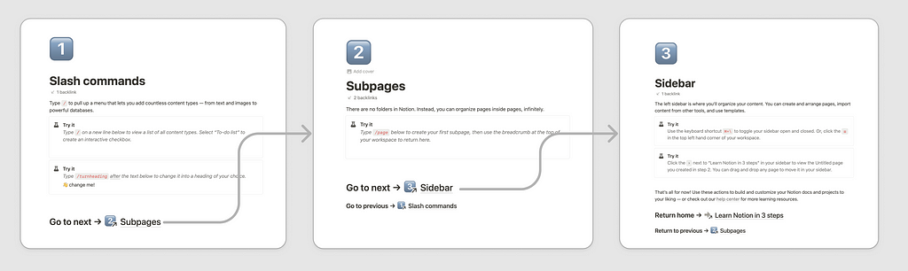 Three subpages from my Notion onboarding page in my sidebar