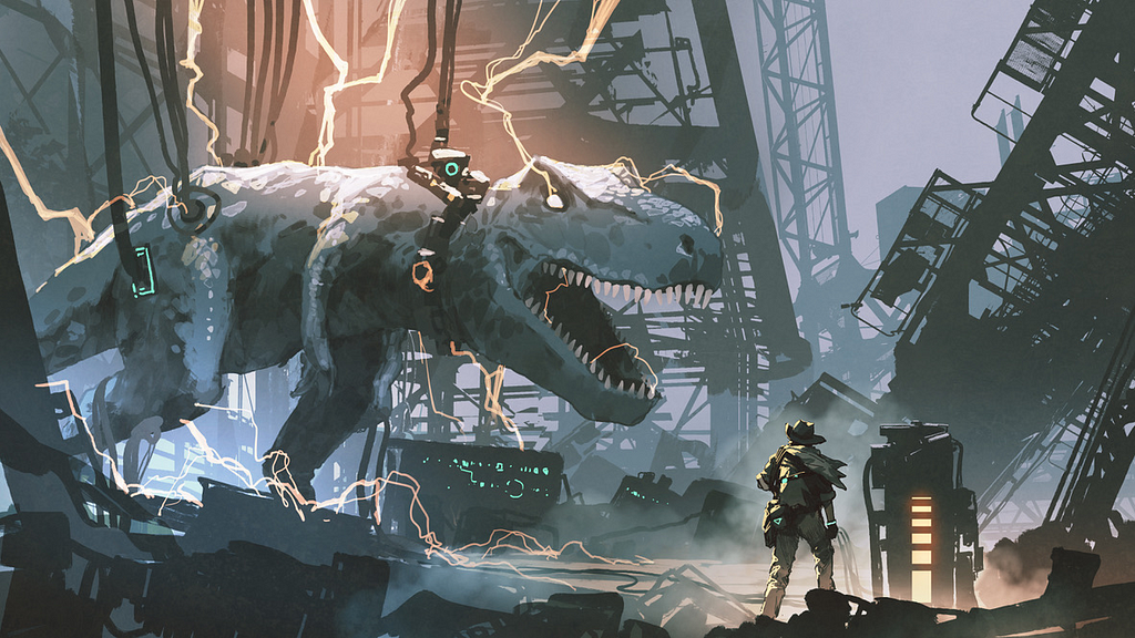 Image: A t-rex with cybernetic enhancements facing off against a sci-fi cowboy. Yeehaw!