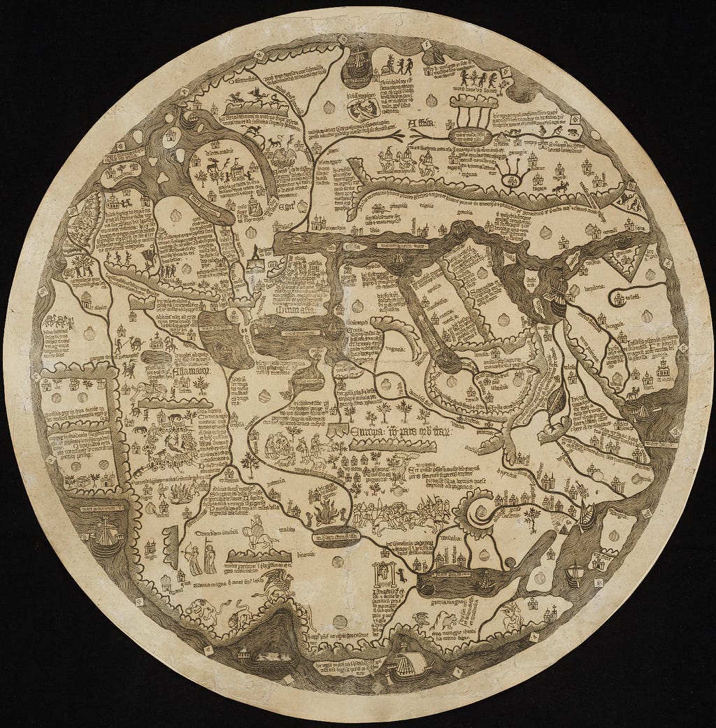 A circular map showing Asia, Europe and Africa. Depicts seas and major rivers, historical events, mythical beasts and people.