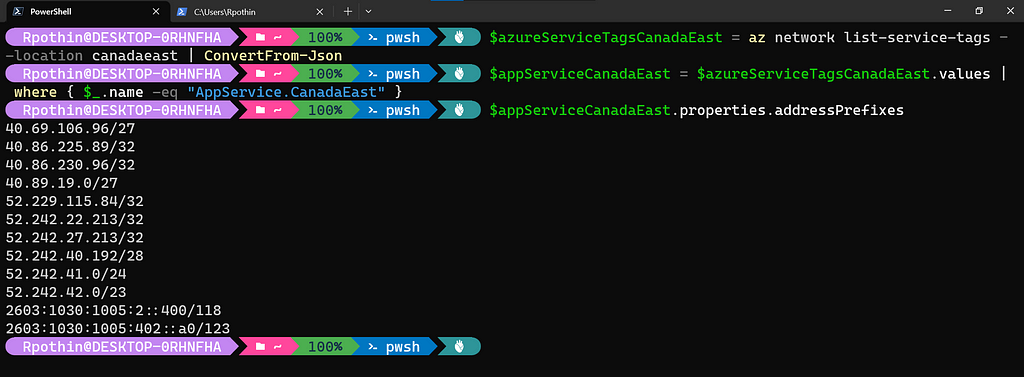 Get AppService.CanadaEast Azure Service Tag IP Ranges