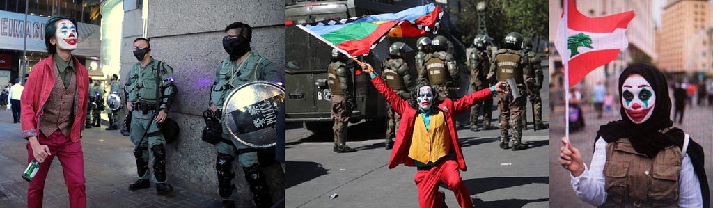 Jokers en Hong Kong, Chile (blandiendo la bandera mapuche) y Libia