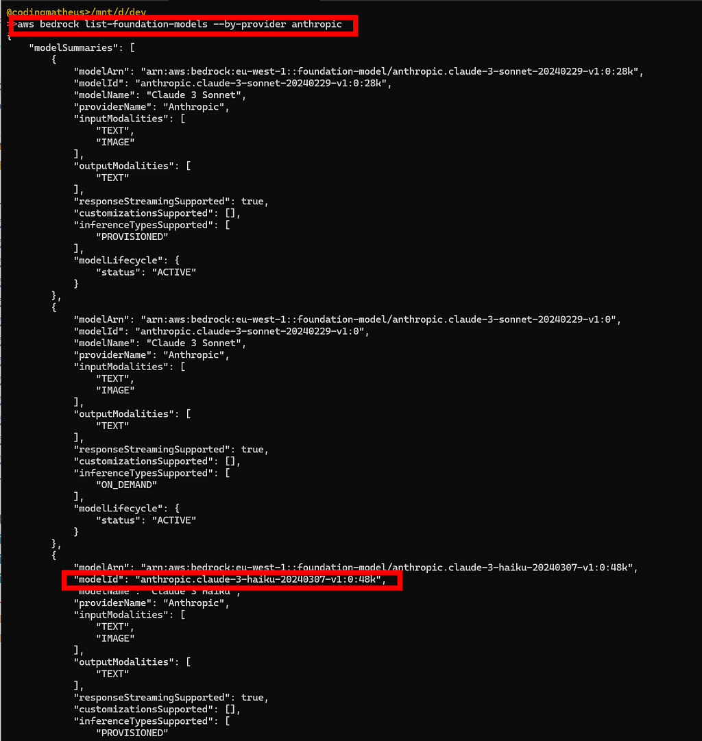 A command prompt output showing a list of json objects returned by the command issued “aws bedrock list-foundation-models — by-provider anthropic” . This command is highlighted as well the modelId data which is returned for Claude 3 Haiku among the other results.