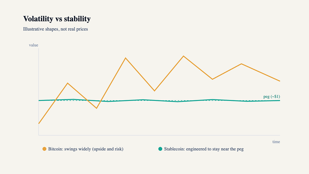 An illustrative chart contrasting Bitcoin’s wide price swings with a stablecoin’s near-flat line around its peg.