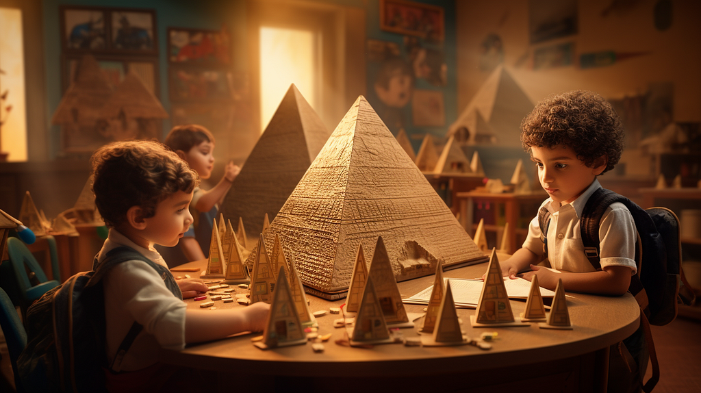 A warmly lit classroom scene with three children building paper pyramids. The central child, with curly hair and a pensive expression, focuses on his pyramid. Artwork and other pyramid models are visible in the background.