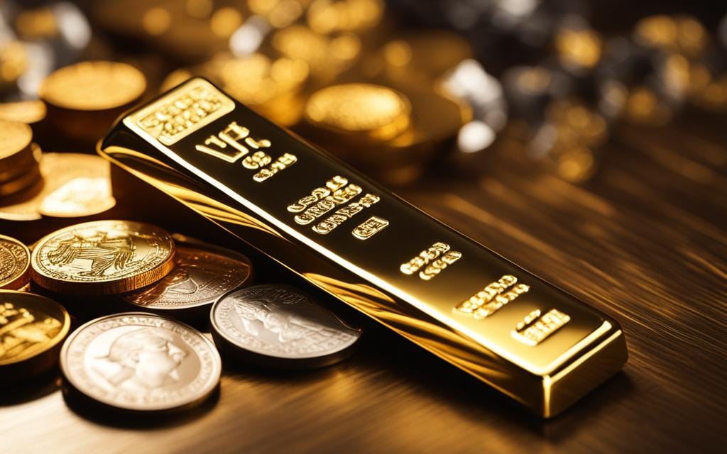 A shining gold bar resting on a stack of coins and jewelry, with rays of light illuminating it from above, symbolizing the value and worth of physical gold.