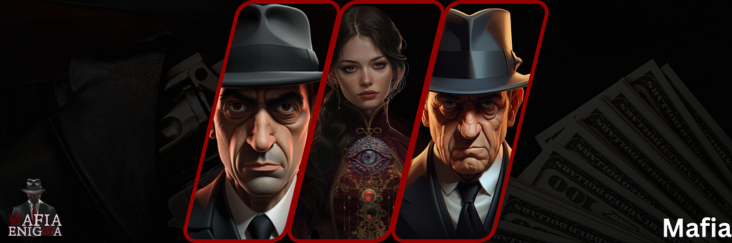 Image depicting a menacing group of Mafia characters from MafiaEnigma, cloaked in shadows and mystery, ready to orchestrate their next move.