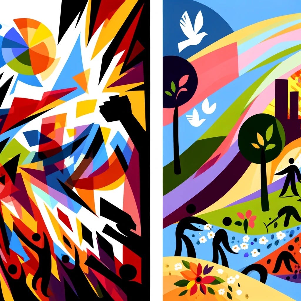 Abstract image including scenes of revolution and creating a better world