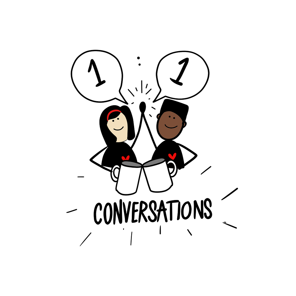 An illustration of two people high fiving with the words a 1:1 conversations written around them