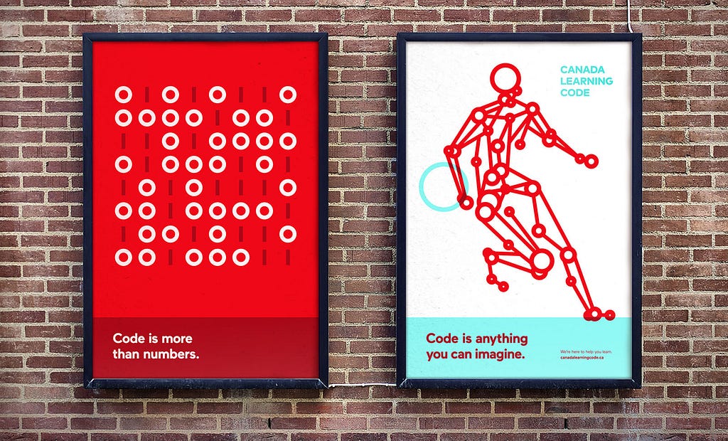 Poster design, brand messaging, logo, and illustration for Canada Learning Code shown in OOH marketing context