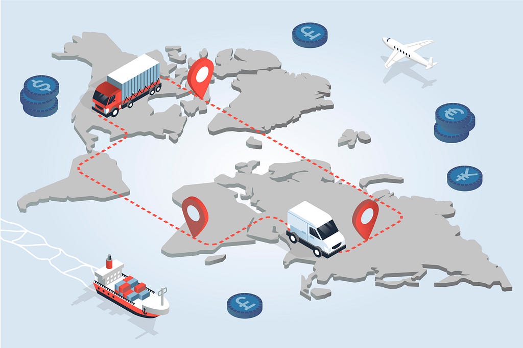 A map of the world showing different trade routes. The trucks, airplanes, and ships represent the different ways that goods can be transported around the world.