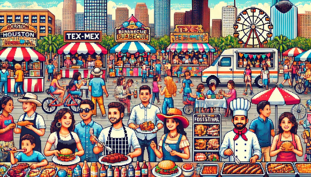 Pixel art depicting Houston’s culinary scene. Diverse people are enjoying iconic local dishes like barbecue, Tex-Mex, and seafood at various food stalls and restaurants. A vibrant food festival with colorful booths and chefs preparing meals is also shown. Bright and varied colors capture the richness and diversity of flavors and dining experiences. The background features a lively street with clear skies and a few clouds.
