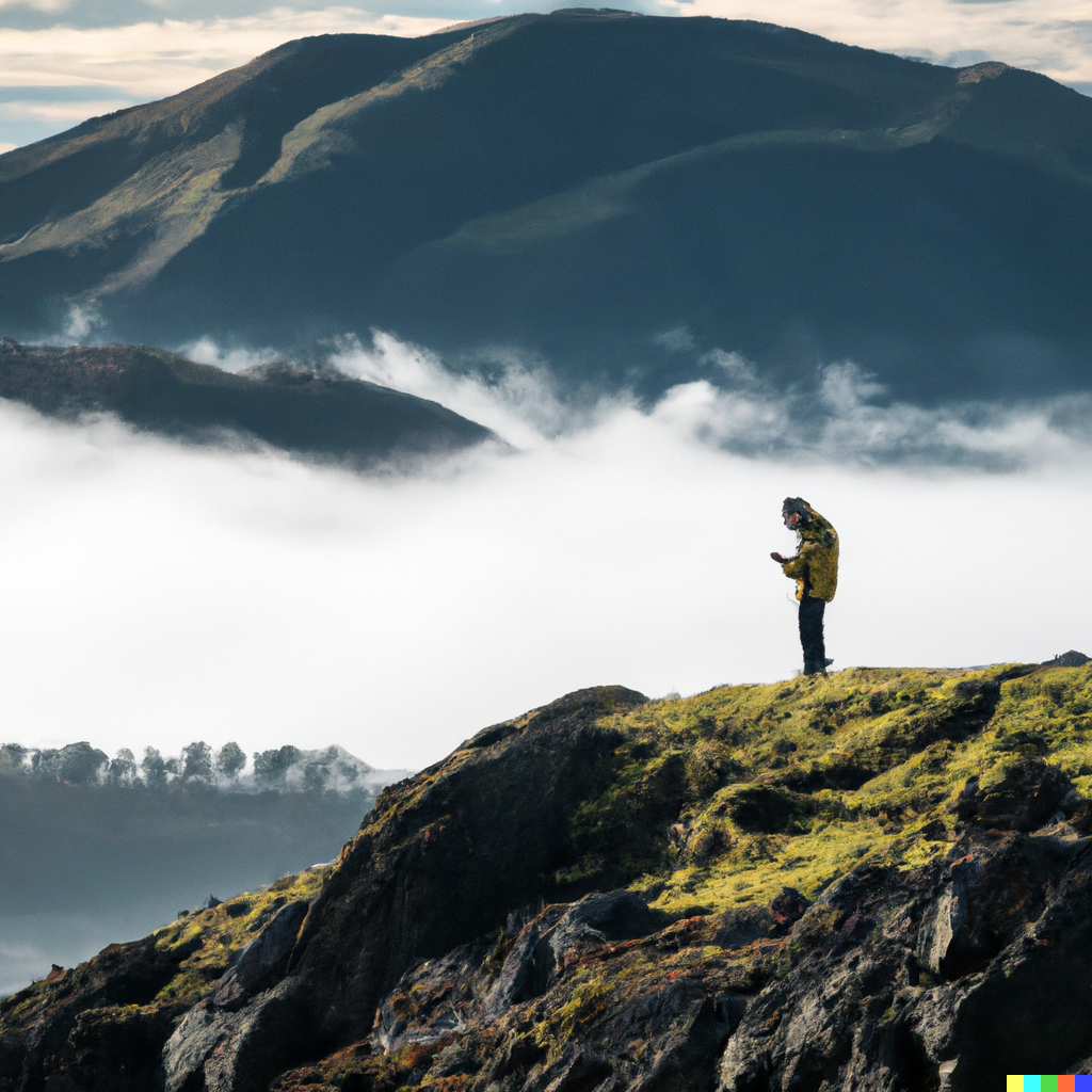 DALL-E generated image based on prompt: “hiker in foreground with a scenic view of mountains in the background with a thick mist enveloping a tree line below, all taken on a high resolution camera”