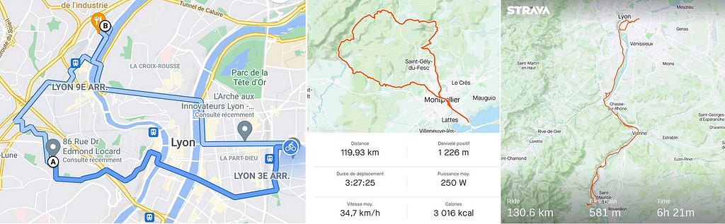 Three screengrabs from different interfaces showing frog’s different routes they tracked while cycling.