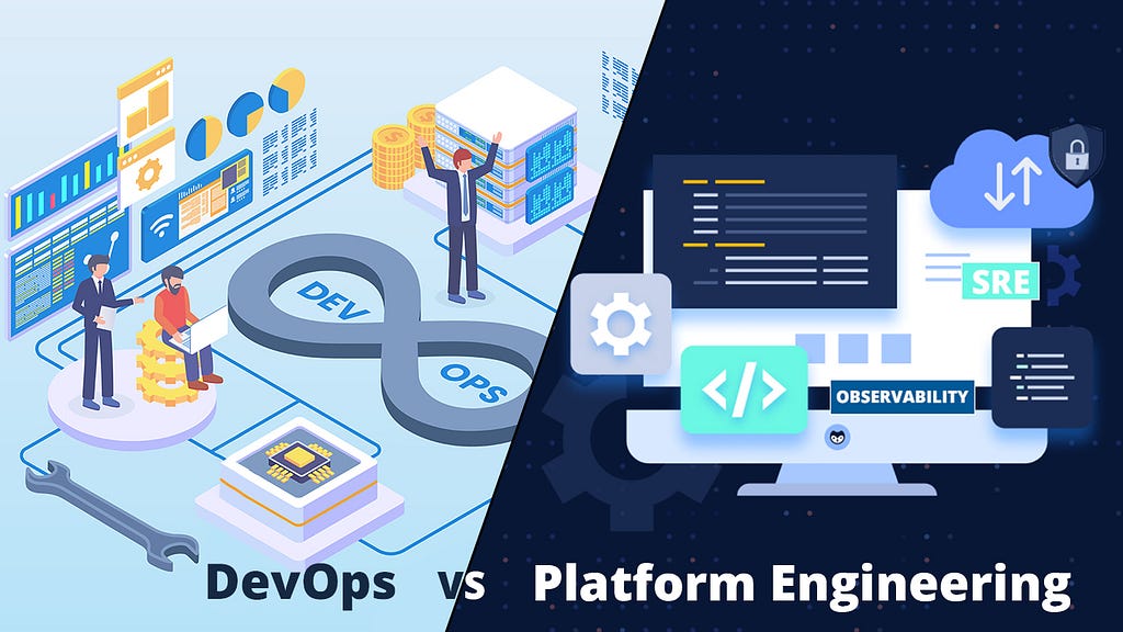 Comparison infographic between DevOps and Platform Engineering showing workflow diagrams, cloud technology, and data analytics concepts.