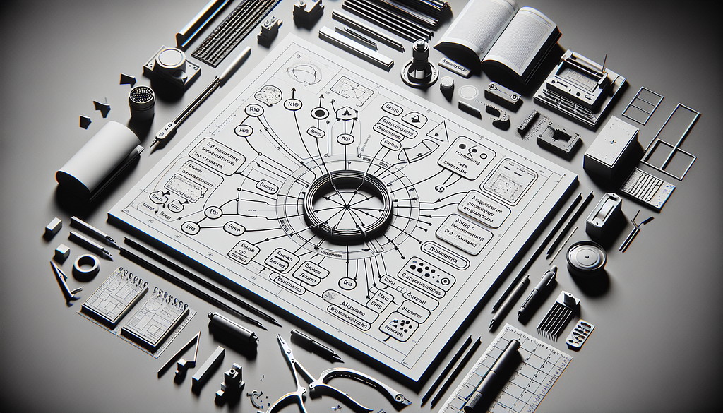 Modern black and white image style resembling a construction blueprint but containing flow charts with dozens of nodes stemming from a raised circular structure at the center of the blueprint. There are a handful of technical drawing instruments scattered around the sheet, including a compass, a protractor, and straight edges.
