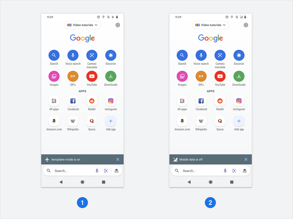 Google Go search app with 16 app and website icons