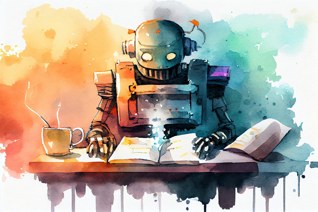 Watercolor image of a robot reading a physical book with a steaming cup of tea next to it.