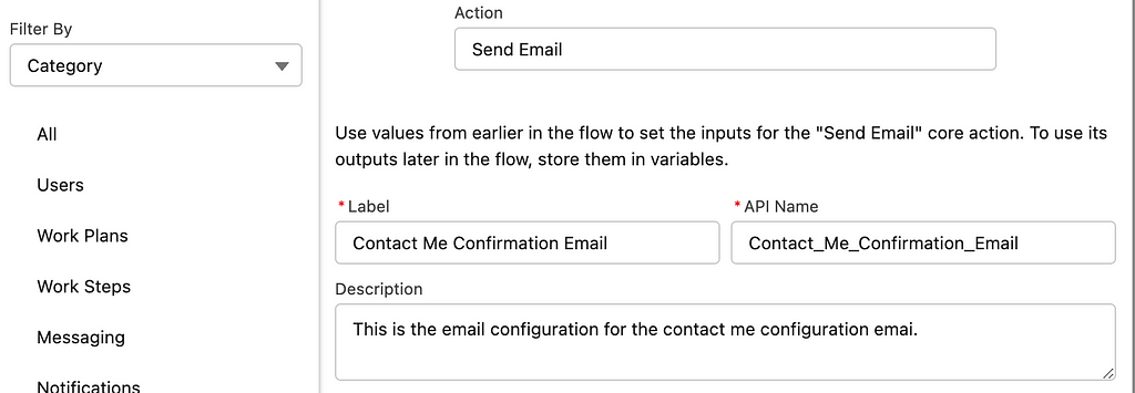 Screenshot of the steps related to the email action