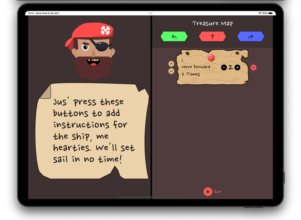 An iPad with the screen divided in half. The left half has a textbox, the right half has the Treasure Map Editor
