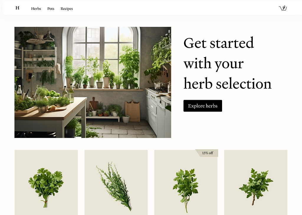 Desktop wireframe of e-commerce site where you can buy herbs.