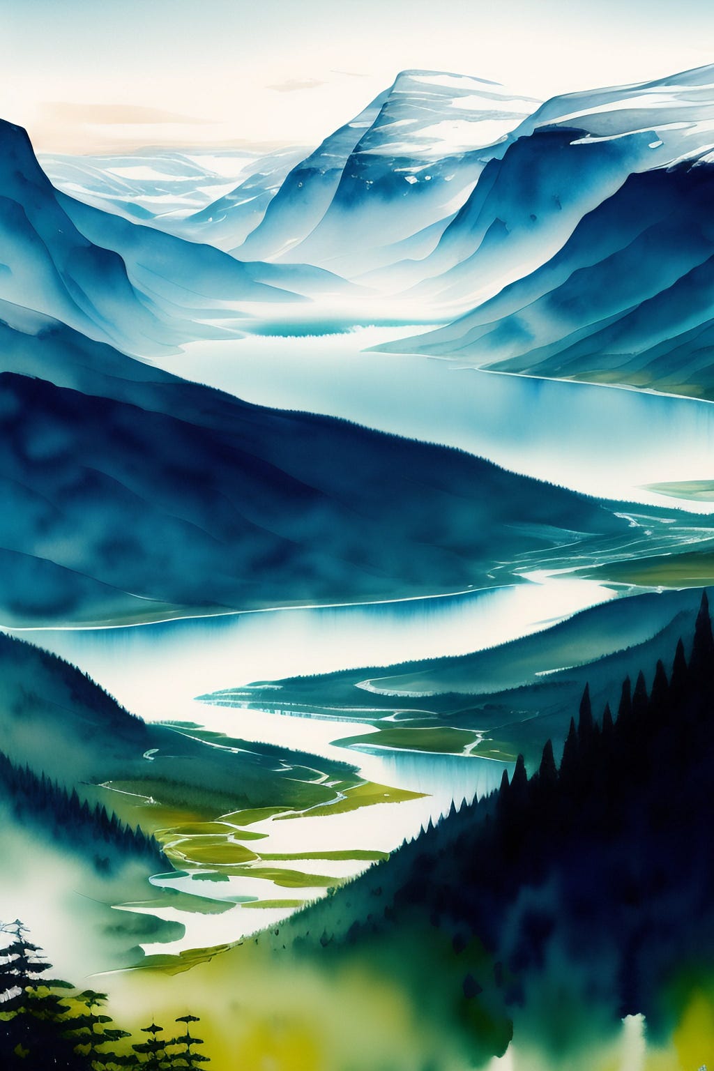 A water color and india ink painting of Norwegian mountains, generated by stable diffusion