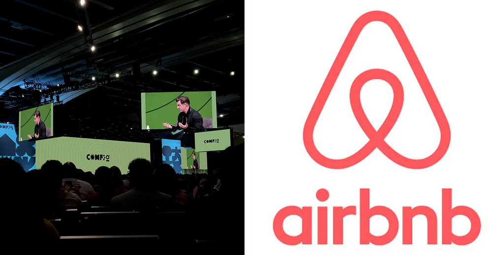 A picture of the CEO of Airbnb, Brian Chesky, alongside the logo of airbnb