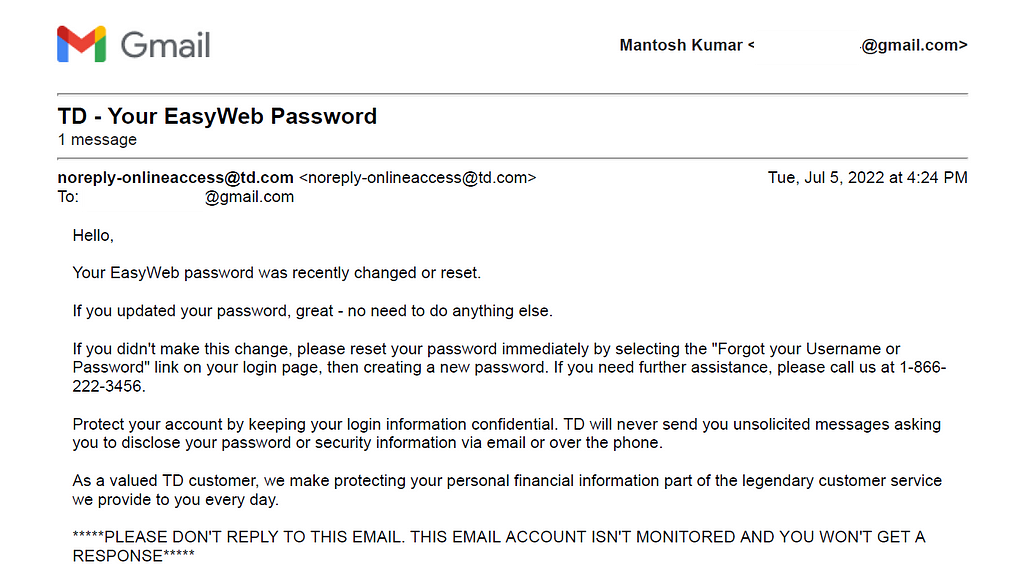 An email confirming bank account password change.
