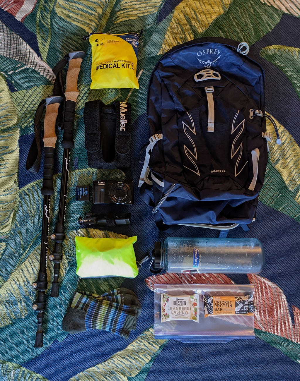 A layout of hiking gear.