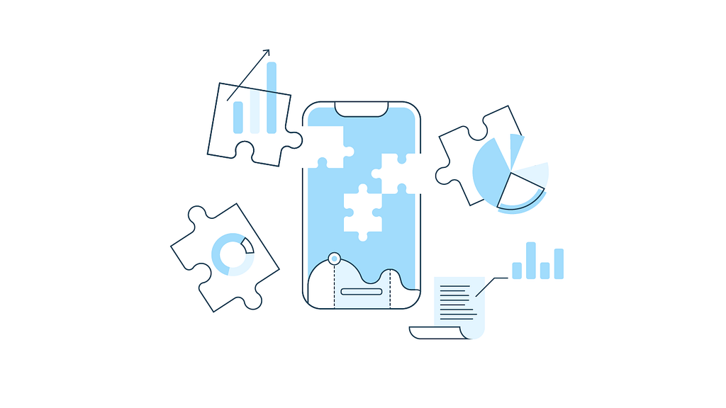 An analytics inspired illustration of a phone comprised of puzzle pieces