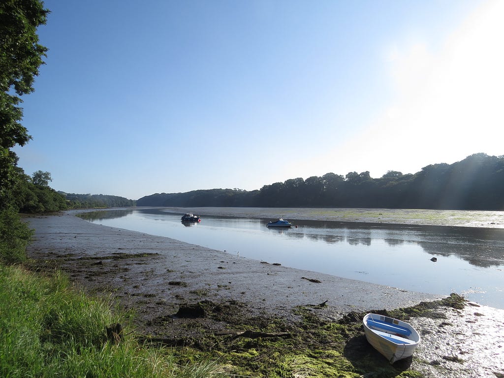 View along a tidal river, tide out, blue cloudless sky, boats moored, wooded far bank.