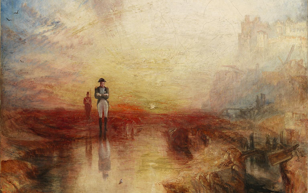 Painting of Napoleon reflecting on the shores of St. Helena with a British sentry and a red-tinged multihued sunset in the background.
