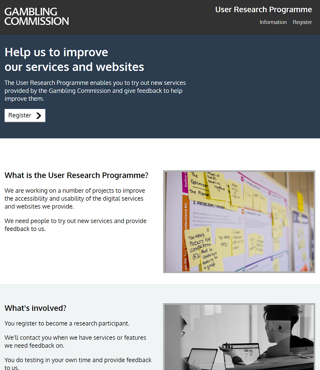 Screenshot shows a register button and sections explaining what the user research programme is about and what’s involved.