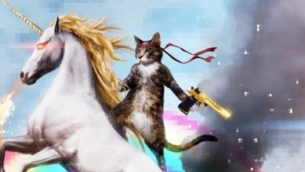Image of a cat with a red bandana, holding a golden gun and riding a fire-spitting unicorn with red glowing eyes. Rainbow and smoke in the background.