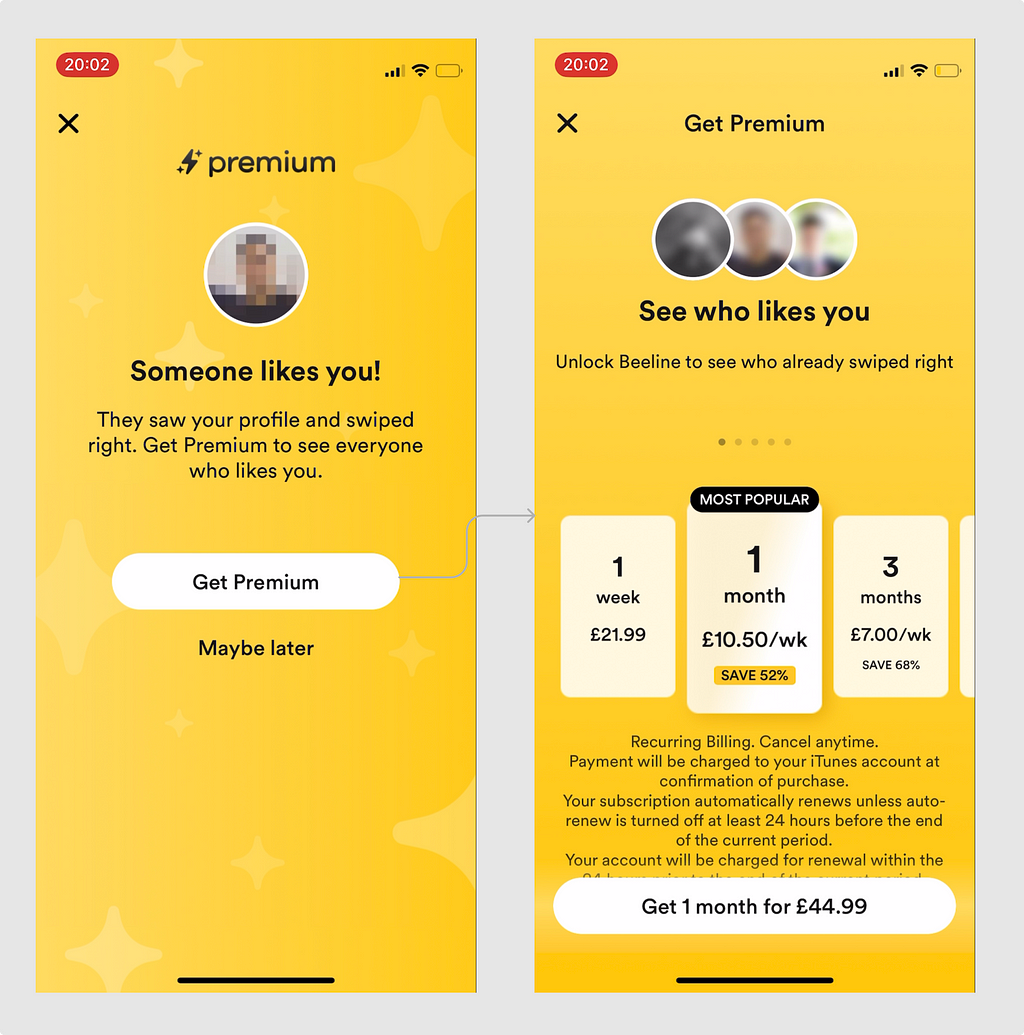 Screenshot of Bumble’s full screen pop up promoting see who likes you